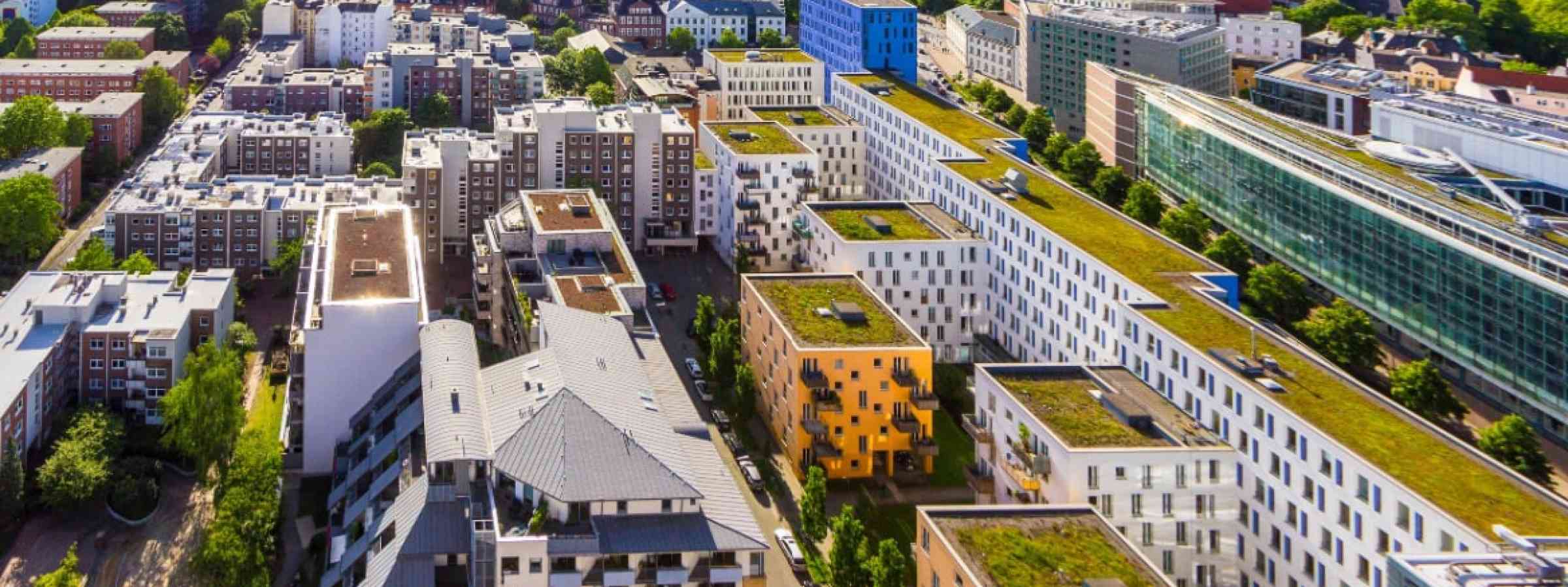 Green city with multiple green roofs